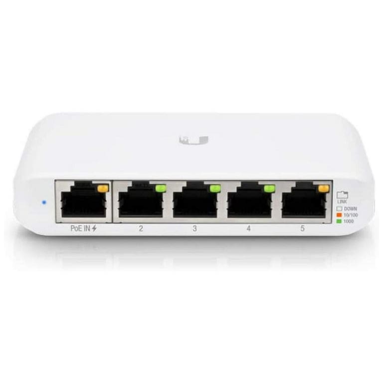 A UniFi USW Flex Mini five-port switch, with the first port labeled PoE IN
