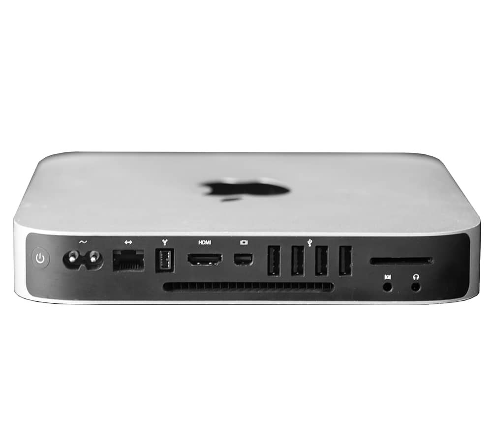 Back of an older silver Mac mini showing power, Ethernet, FireWire 800, HDMI, Mini DisplayPort, four USB-A ports, an SD slot and audio jacks