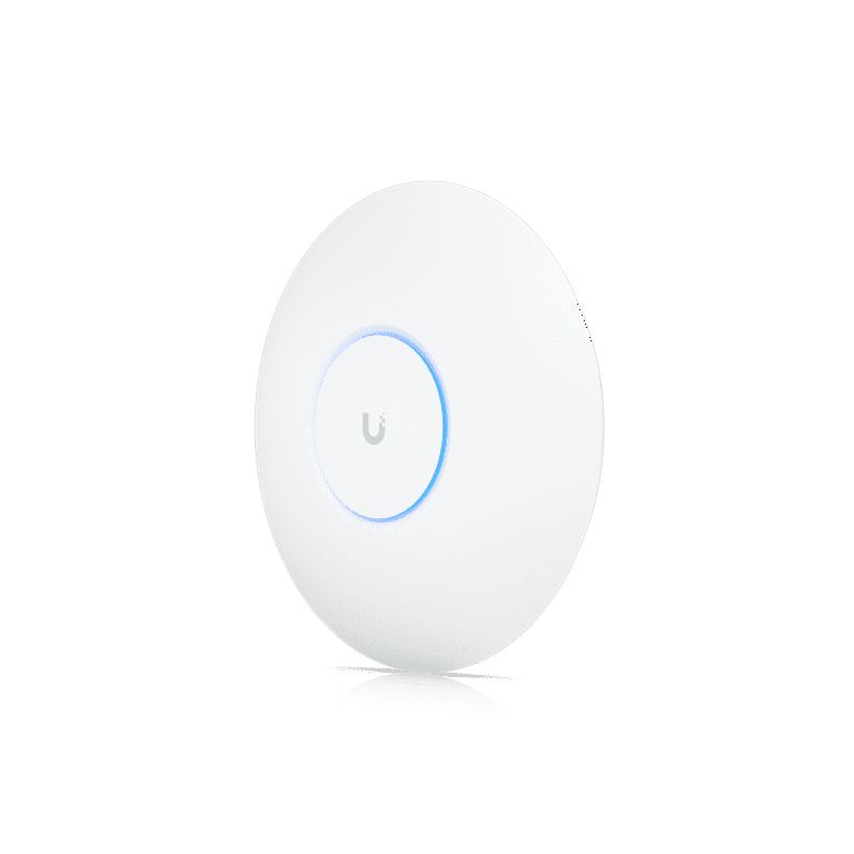 A round white UniFi U6 access point with a glowing LED ring